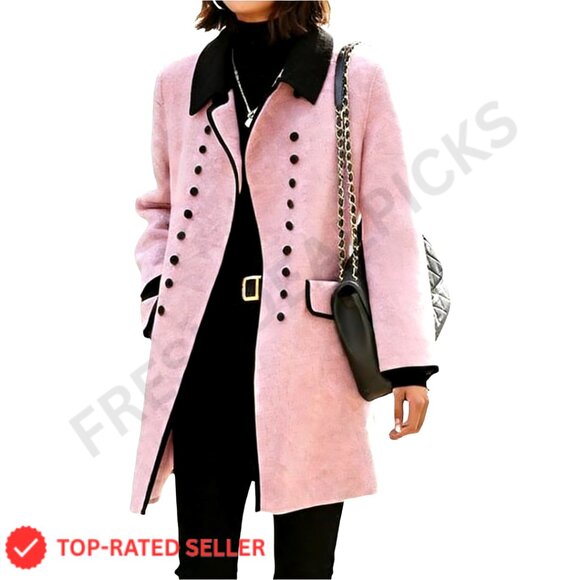 Women's Mid-Length Peacoat Double Breasted Lapel Wool Blend Jacket Outwear